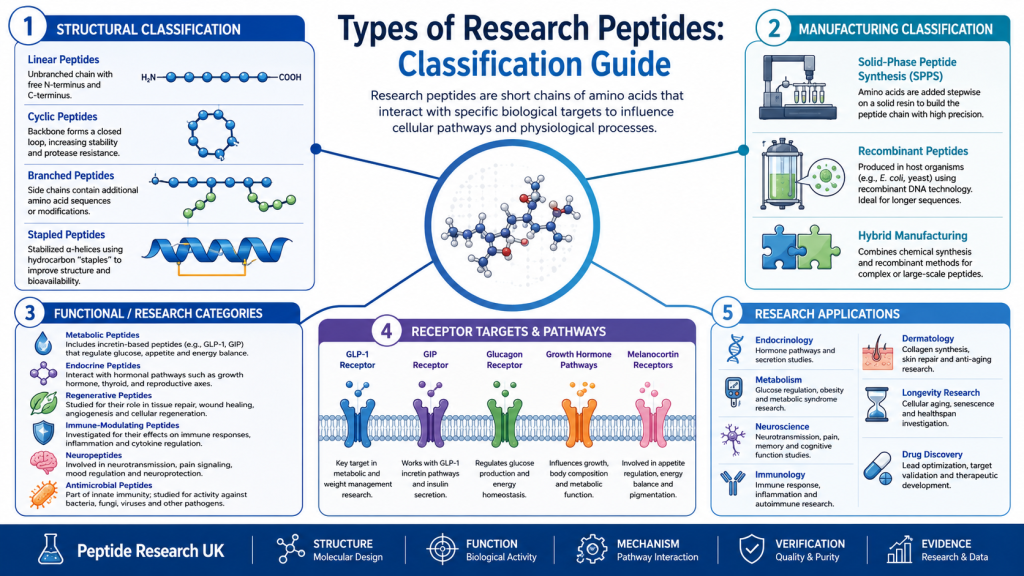 Types of research peptides infographic showing structural peptide classifications including linear, cyclic, branched, and stapled peptides alongside functional categories such as metabolic, endocrine, regenerative, neuropeptide, immune-modulating, and antimicrobial peptides used in peptide research uk.